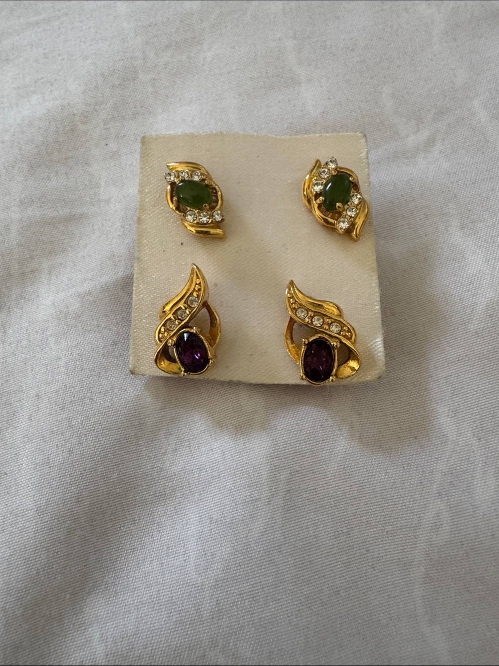 Gold-Tone Green and Purple Stone Earrings Set